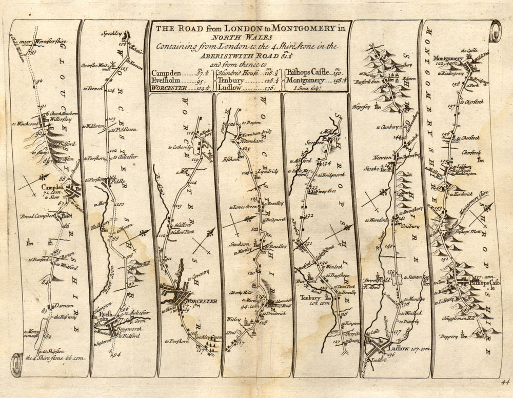 Chipping Campden Evesham Worcester Ludlow Montgomery SENEX #44 road map 1719