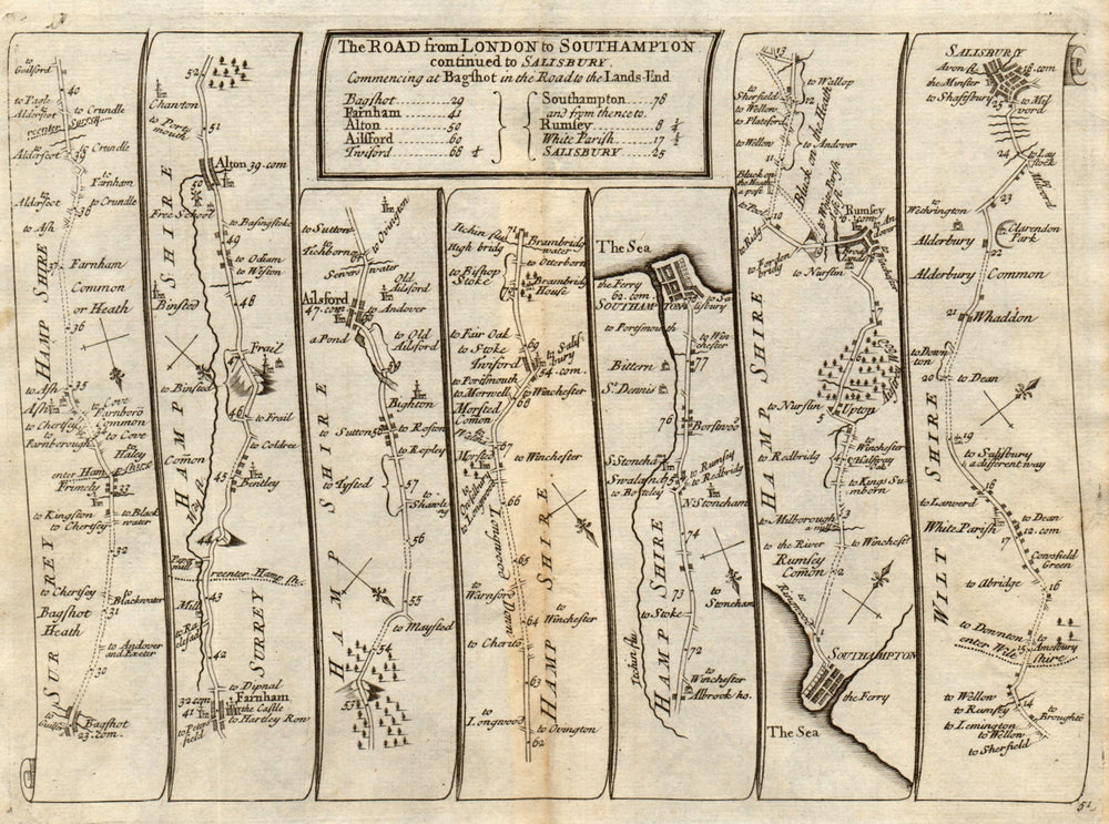 Bagshot Farnham Twyford Southampton Romsey Salisbury SENEX #51 road map 1719