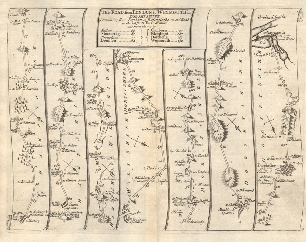 Basingstoke Cranborne Blandford Dorchester Weymouth SENEX #53 road map 1719