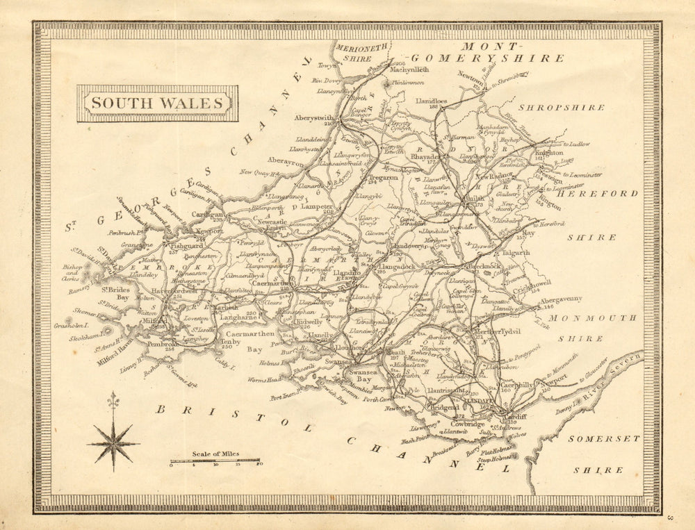 Antique map of South Wales by John Heywood. Railways & coach roads c1864