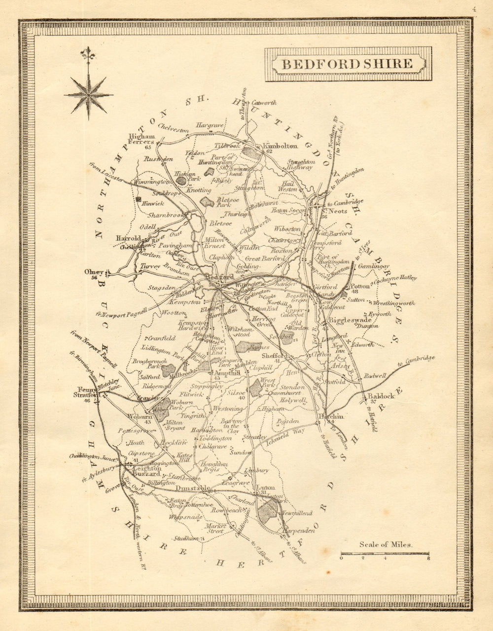 Antique county map of Bedfordshire by John Heywood. Railways & coach roads c1864