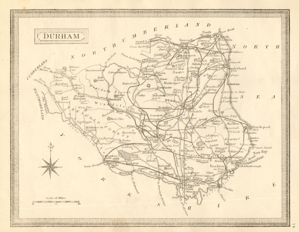 Antique county map of Durham by John Heywood. Railways & coach roads c1864