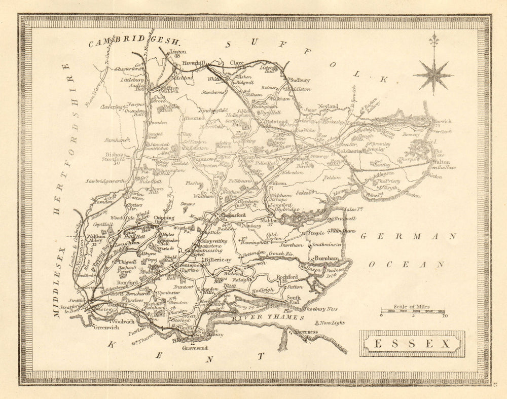 Antique county map of Essex by John Heywood. Railways & coach roads c1864