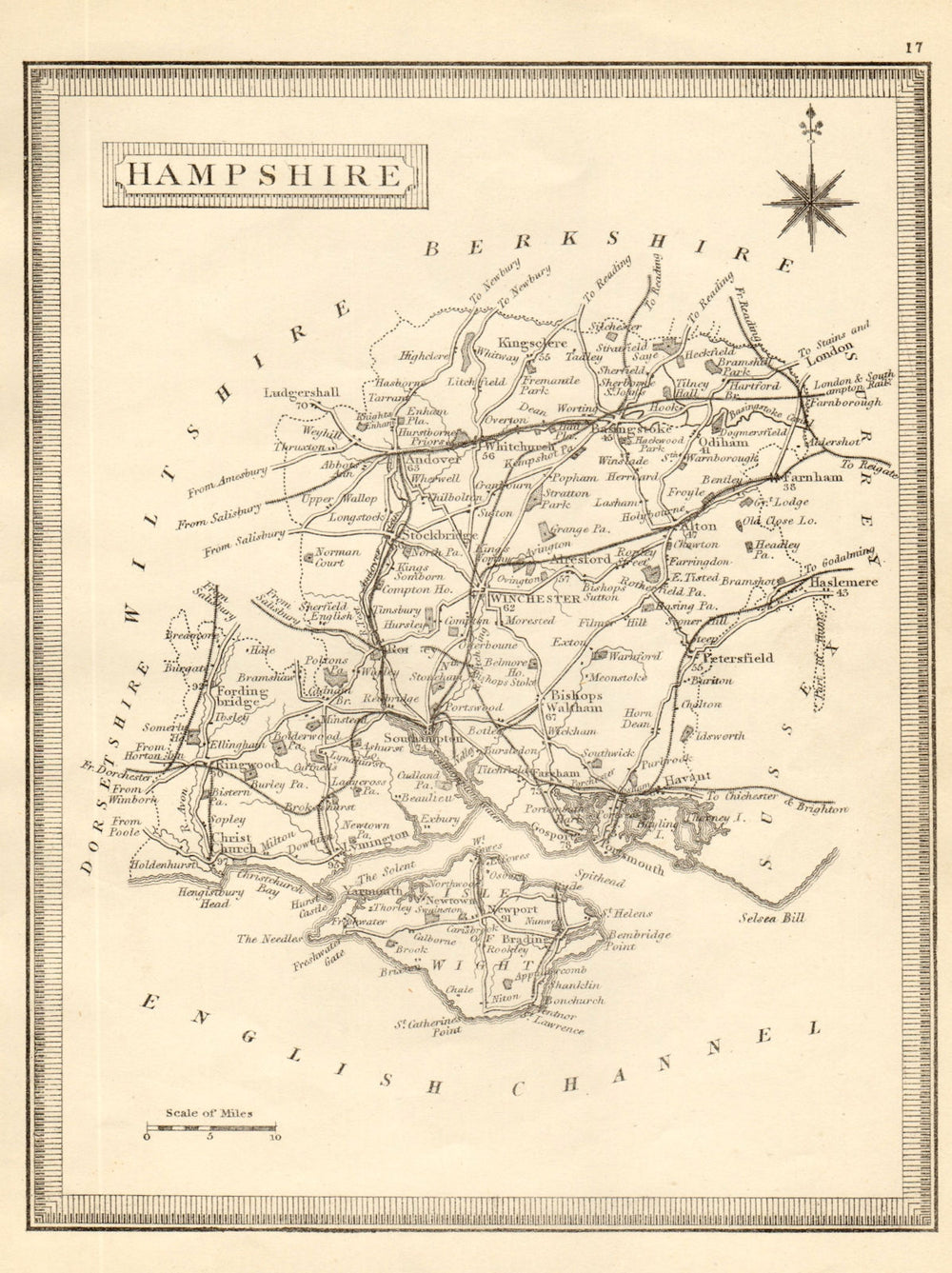 Antique county map of Hampshire by John Heywood. Railways & coach roads c1864