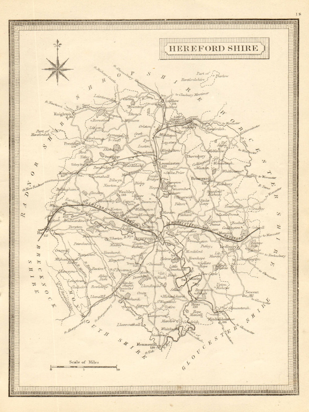 Antique county map of Herefordshire by John Heywood. Railways. Coach roads c1864