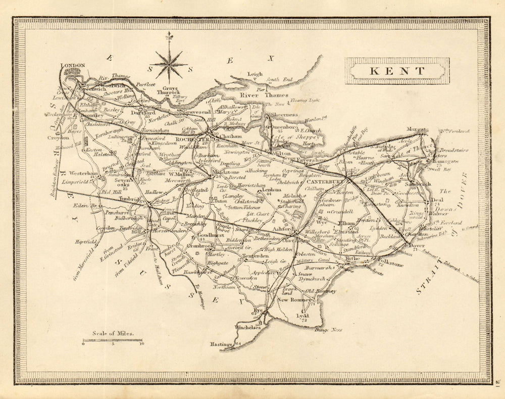 Antique county map of Kent by John Heywood. Railways & coach roads c1864