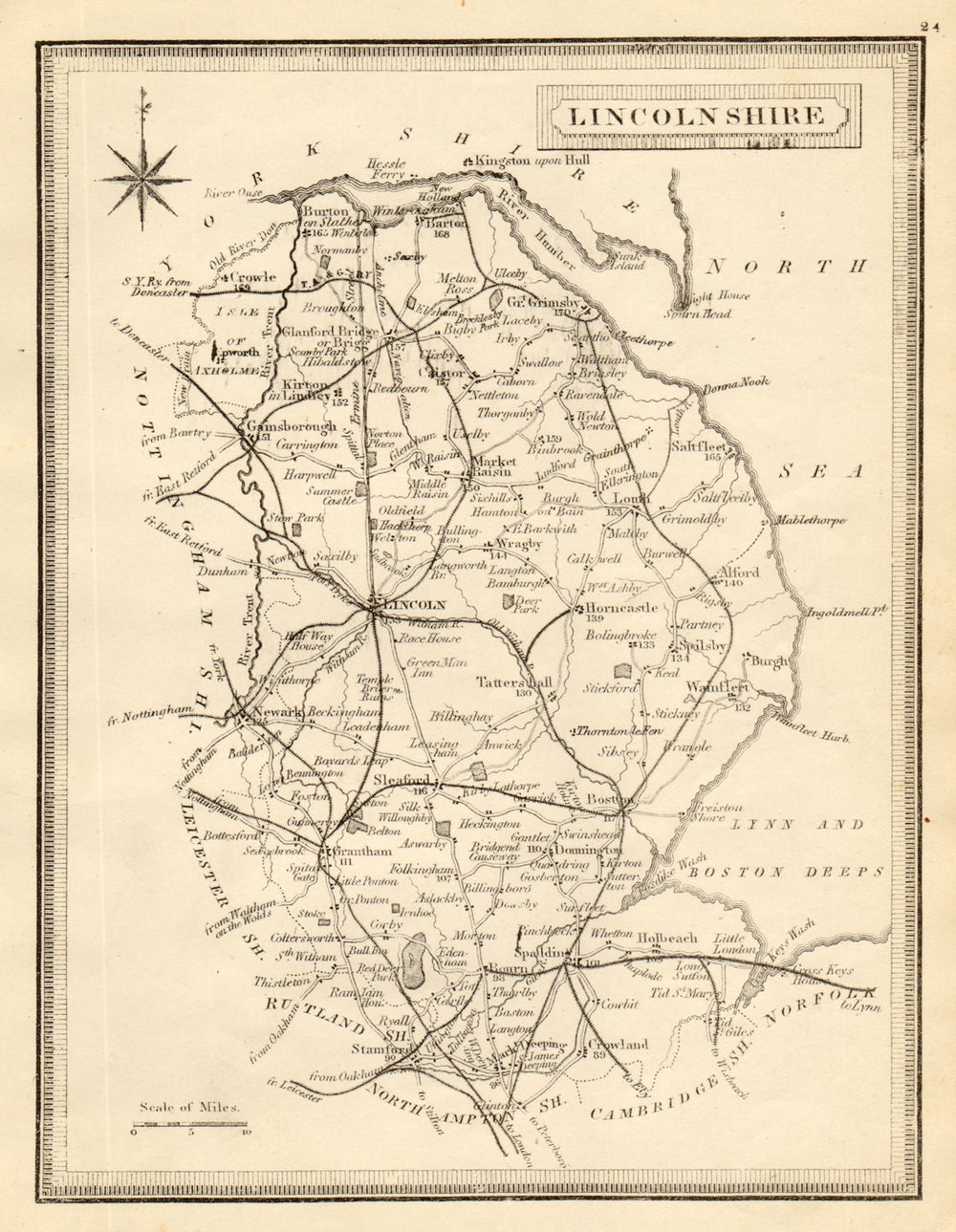 Antique county map of Lincolnshire by John Heywood. Railways & coach roads c1864