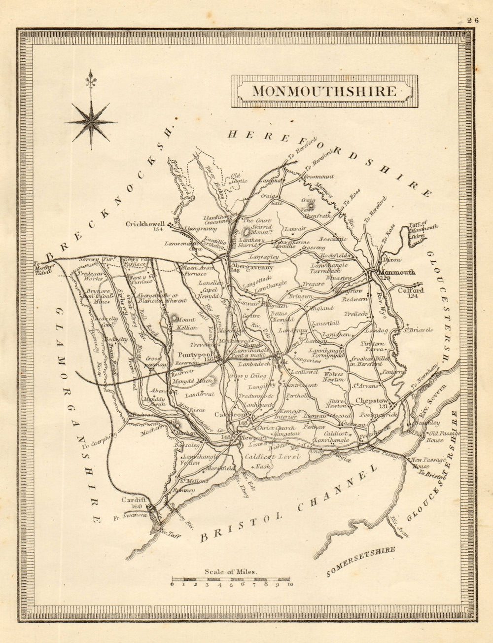 Antique county map of Monmouthshire by John Heywood. Railways. Coach roads c1864