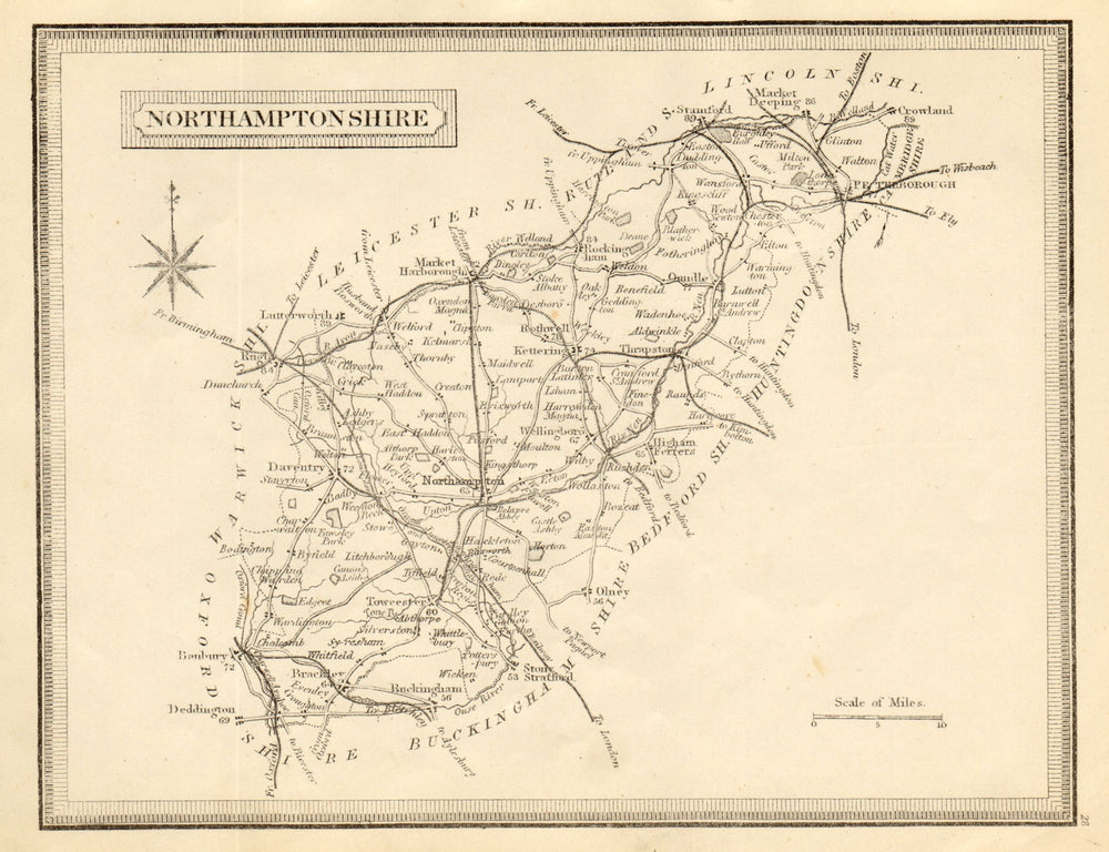 Antique county map of Northamptonshire. John Heywood. Railways/coach roads c1864