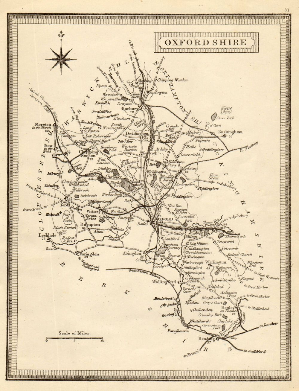 Antique county map of Oxfordshire by John Heywood. Railways & coach roads c1864