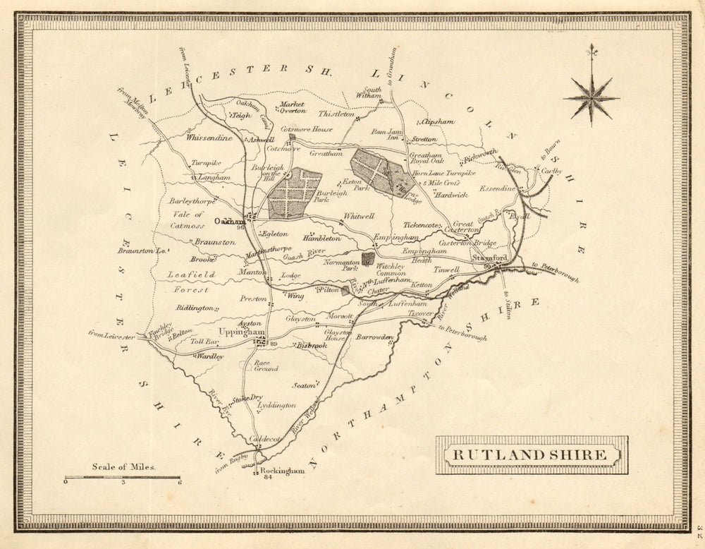 Antique county map of Rutlandshire by John Heywood. Railways & coach roads c1864
