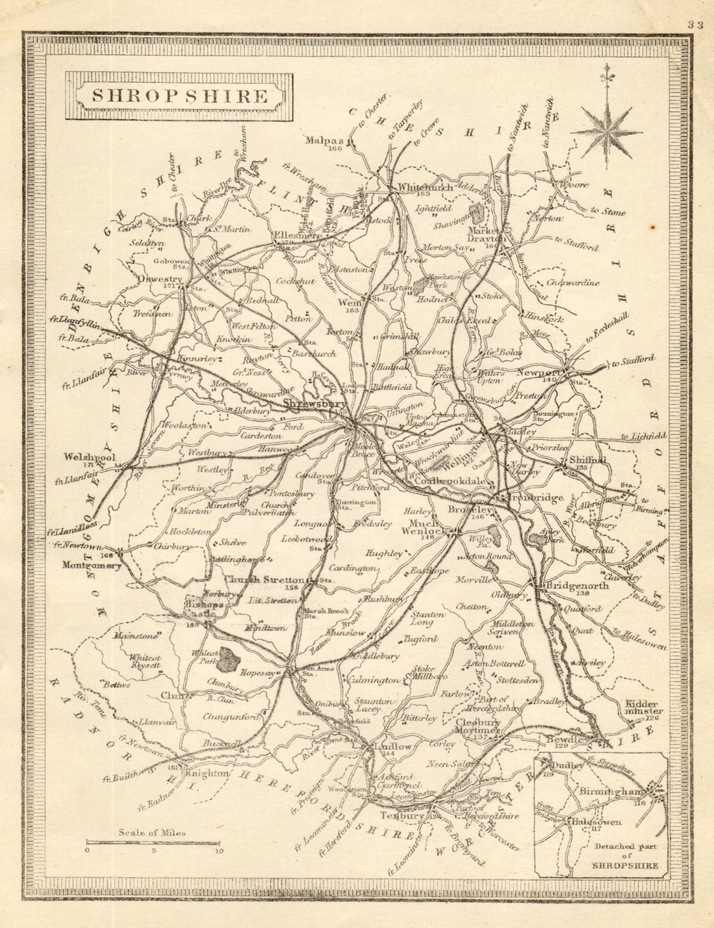 Antique county map of Shropshire by John Heywood. Railways & coach roads c1864