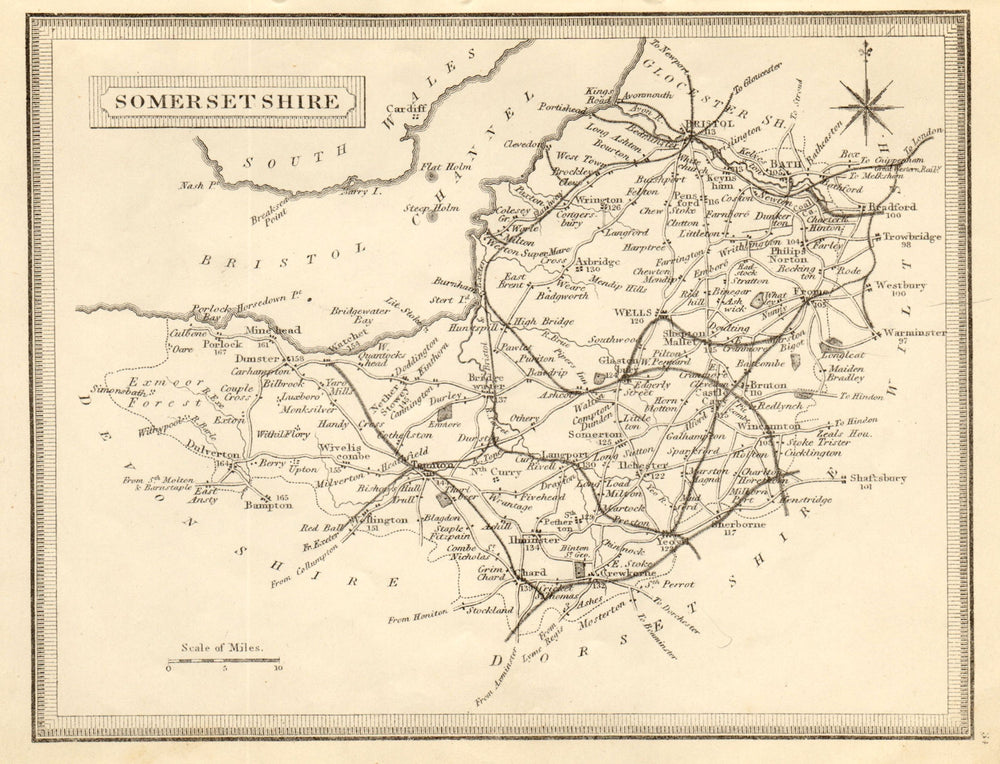 Antique county map of Somersetshire by John Heywood. Railways. Coach roads c1864