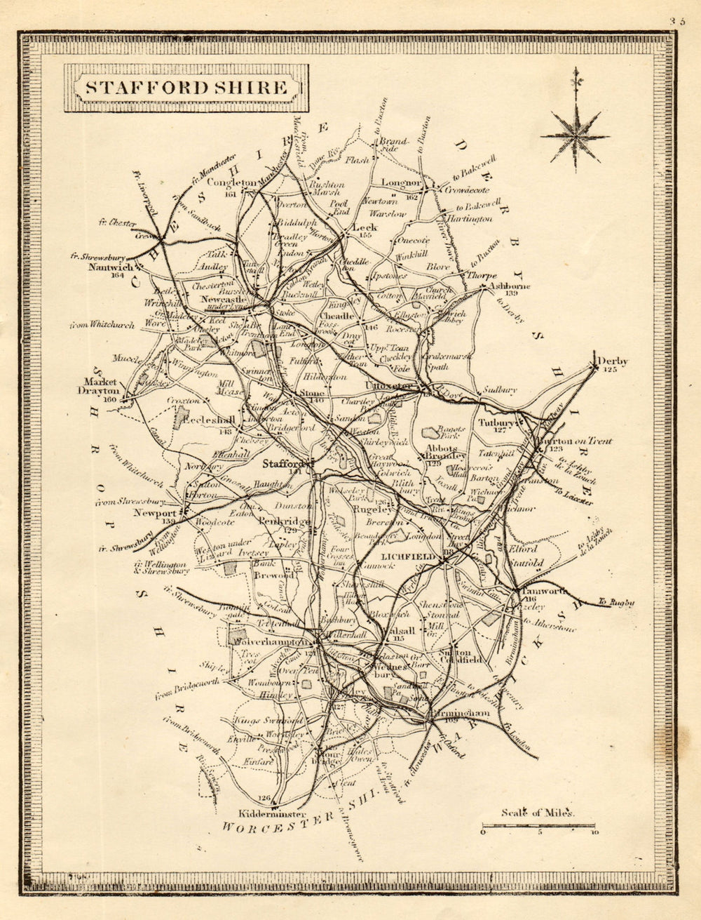 Antique county map of Staffordshire by John Heywood. Railways. Coach roads c1864