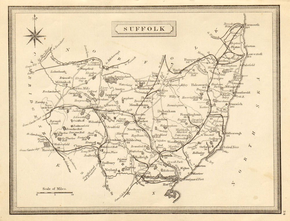 Antique county map of Suffolk by John Heywood. Railways & coach roads c1864
