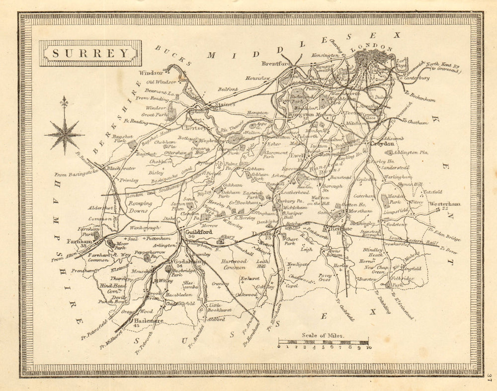 Antique county map of Surrey by John Heywood. Railways & coach roads c1864
