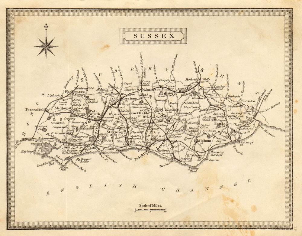 Antique county map of Sussex by John Heywood. Railways & coach roads c1864