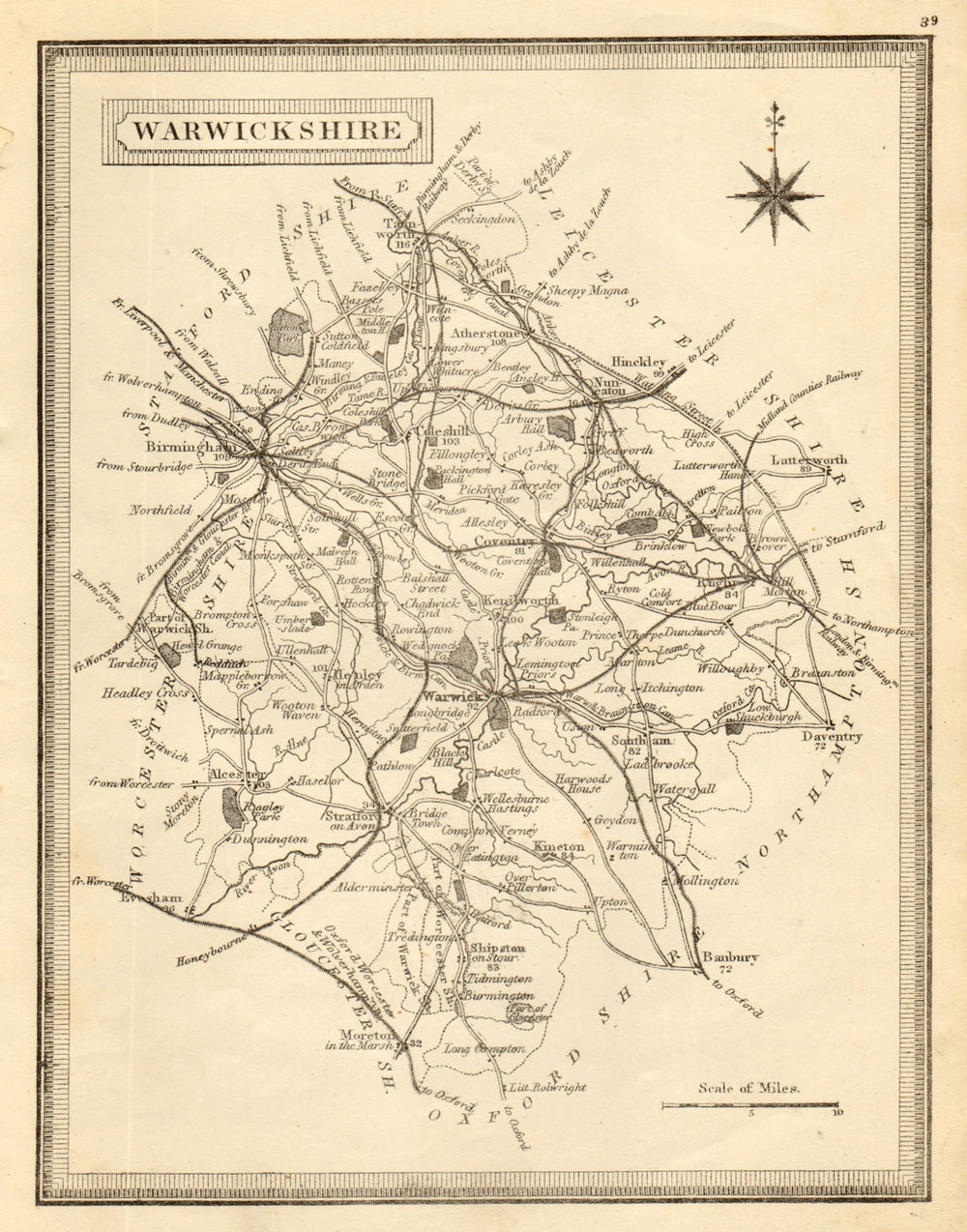 Antique county map of Warwickshire by John Heywood. Railways & coach roads c1864