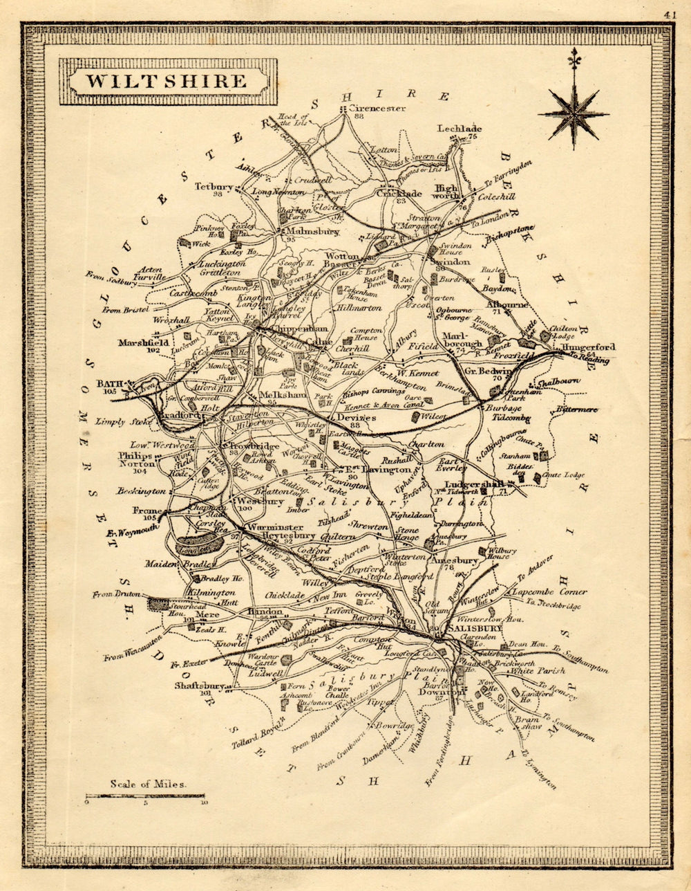Antique county map of Wiltshire by John Heywood. Railways & coach roads c1864