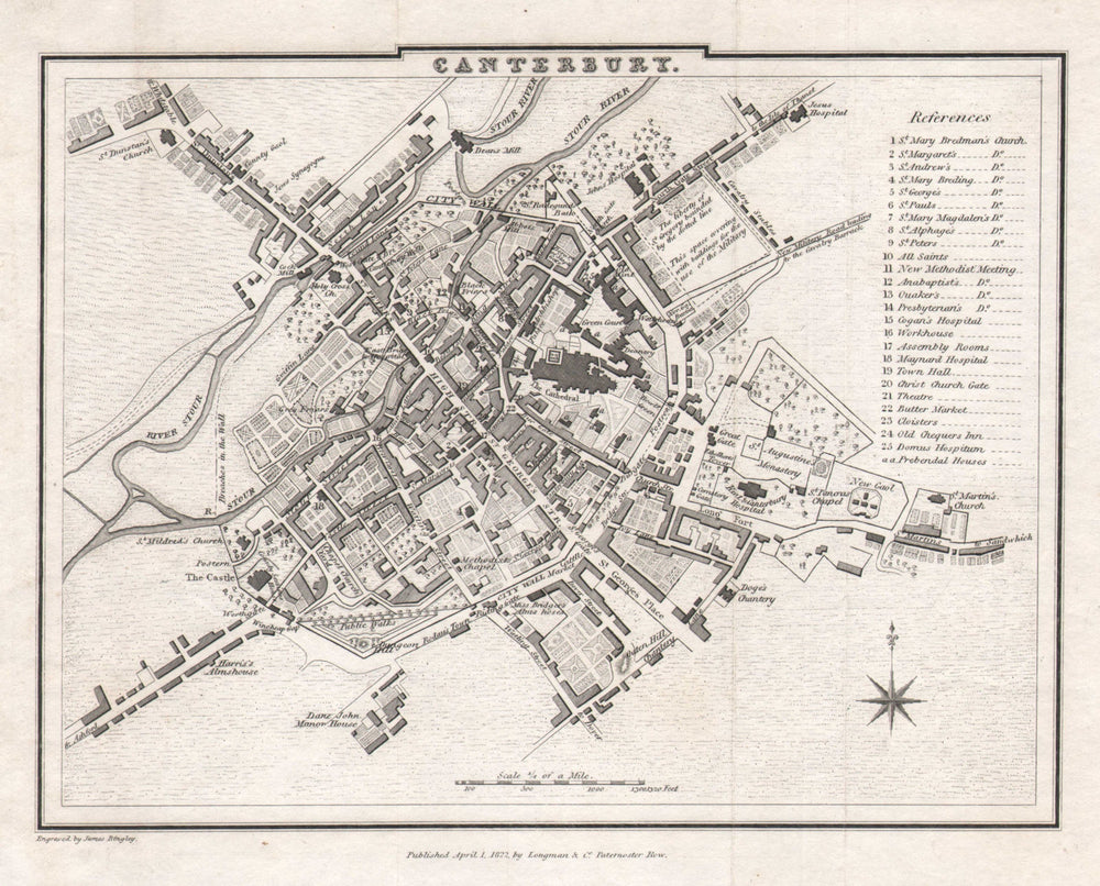 Antique town city plan of CANTERBURY by Jas. BINGLEY after COLE & ROPER 1822 map
