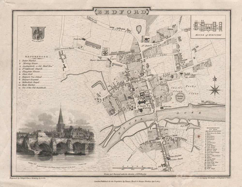 Antique town city plan of BEDFORD by George COLE & John ROPER 1810 old map