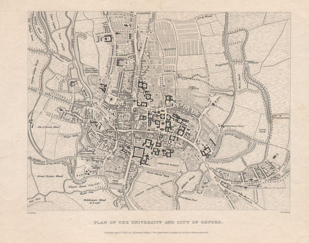 "Plan of the University and City of Oxford". Town plan by John LE KEUX 1837 map