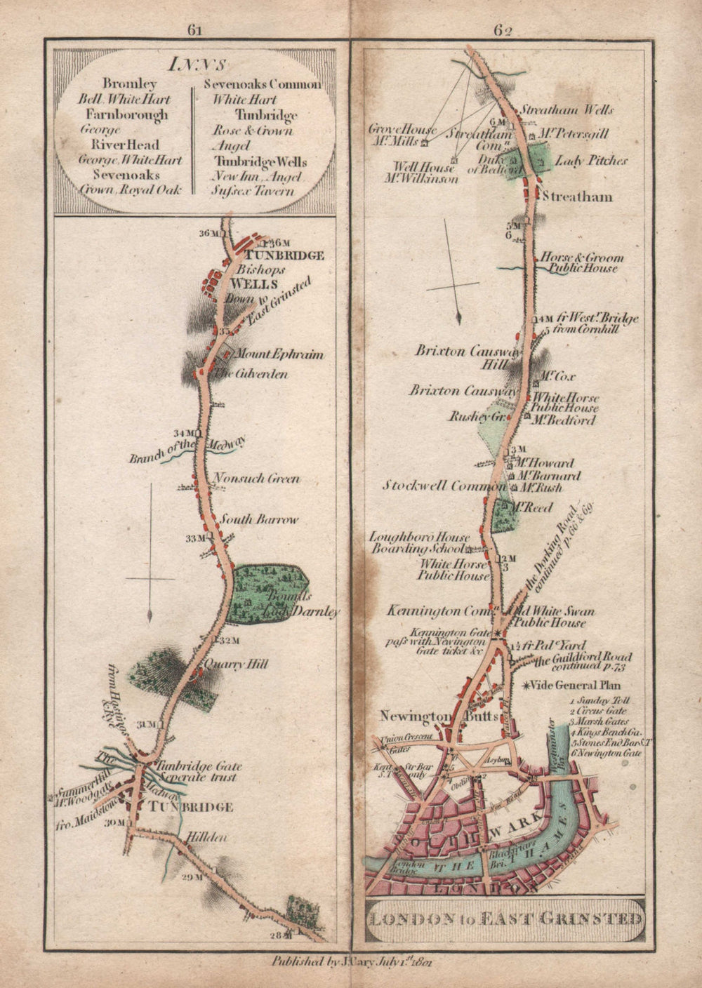 Southwark-Stockwell-Brixton-Streatham & Tonbridge-Tunbridge Wells. CARY 1801 map
