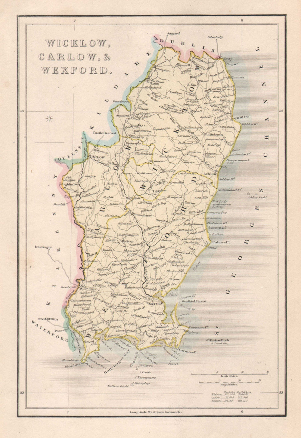 Antique WICKLOW, CARLOW & WEXFORD county map by Alfred ADLARD. Ireland c1841