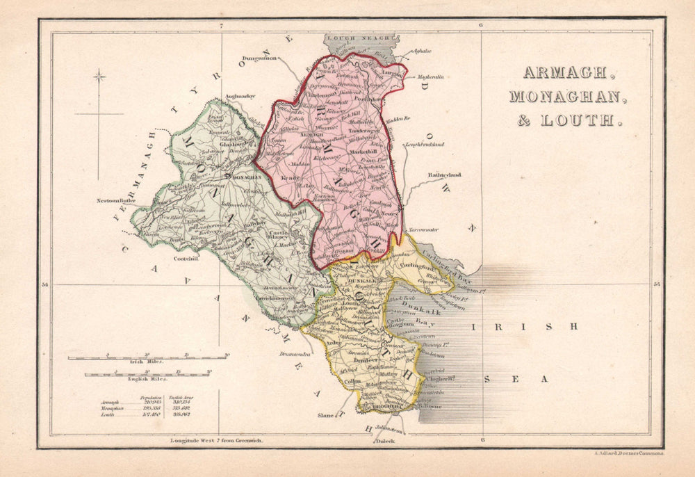 Antique ARMAGH, MONAGHAN & LOUTH county map ADLARD Northern Ireland Ulster c1841