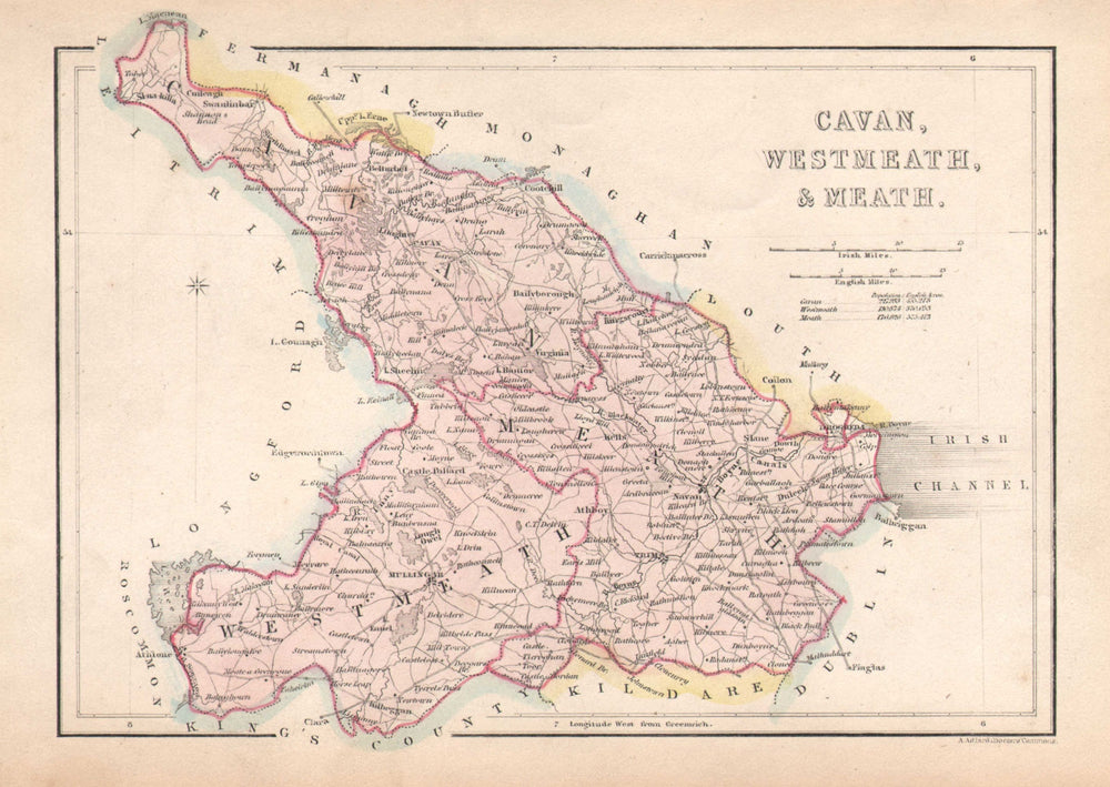 Antique CAVAN, WESTMEATH & MEATH county map by Alfred ADLARD. Ireland c1841