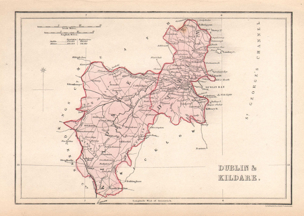 Antique DUBLIN & KILDARE county map by Alfred ADLARD. Ireland c1841 old