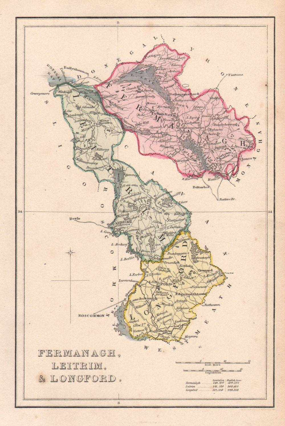 Antique FERMANAGH, LEITRIM, & LONGFORD county map. ADLARD. Ireland Ulster c1841