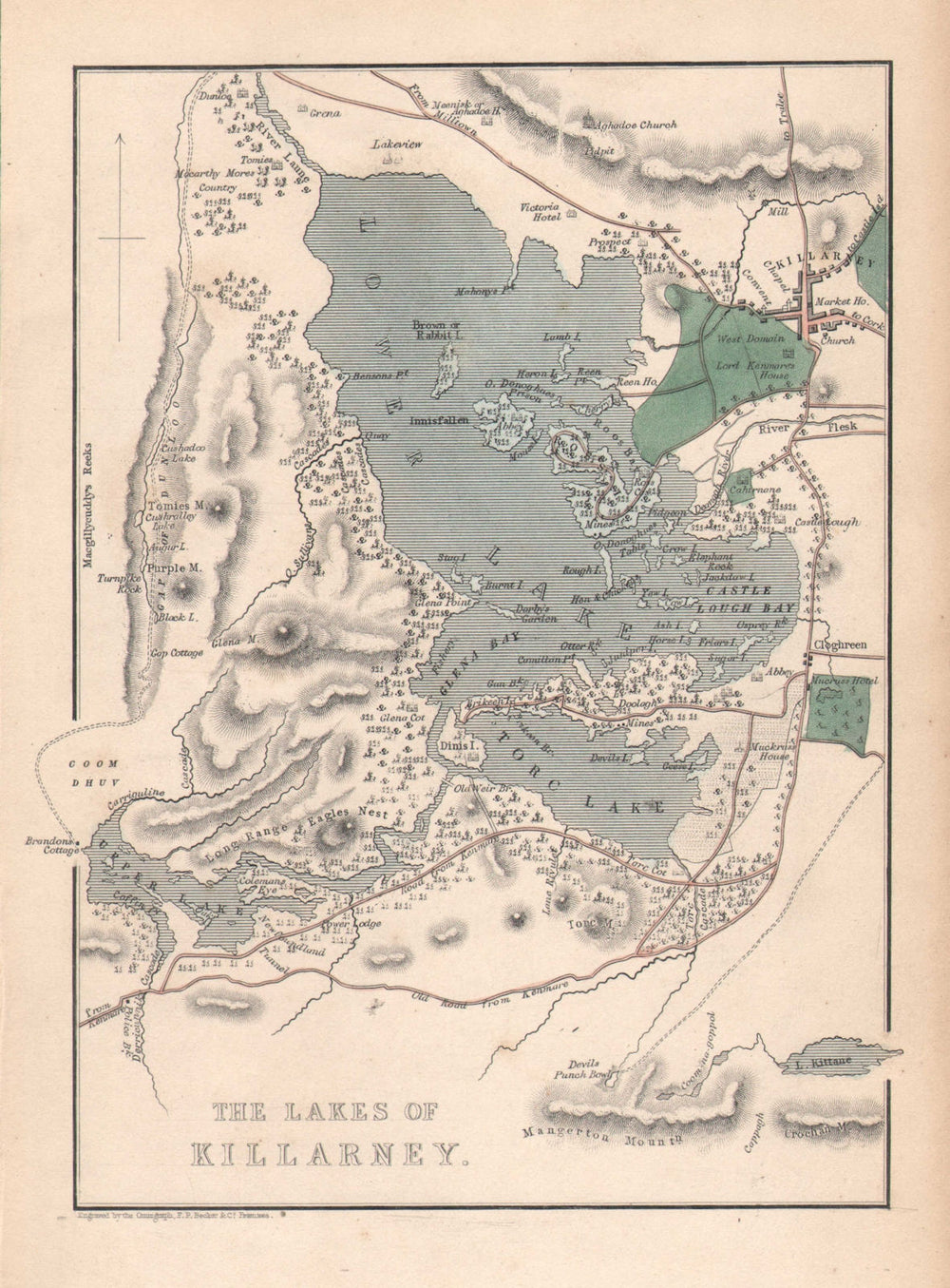 Antique THE LAKES OF KILLARNEY map by Alfred ADLARD. Ireland c1841 old