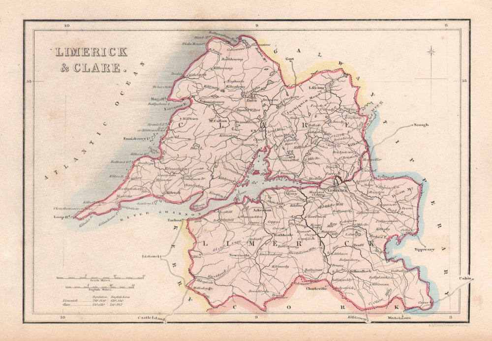 Antique LIMERICK & CLARE county map by Alfred ADLARD. Ireland c1841 old