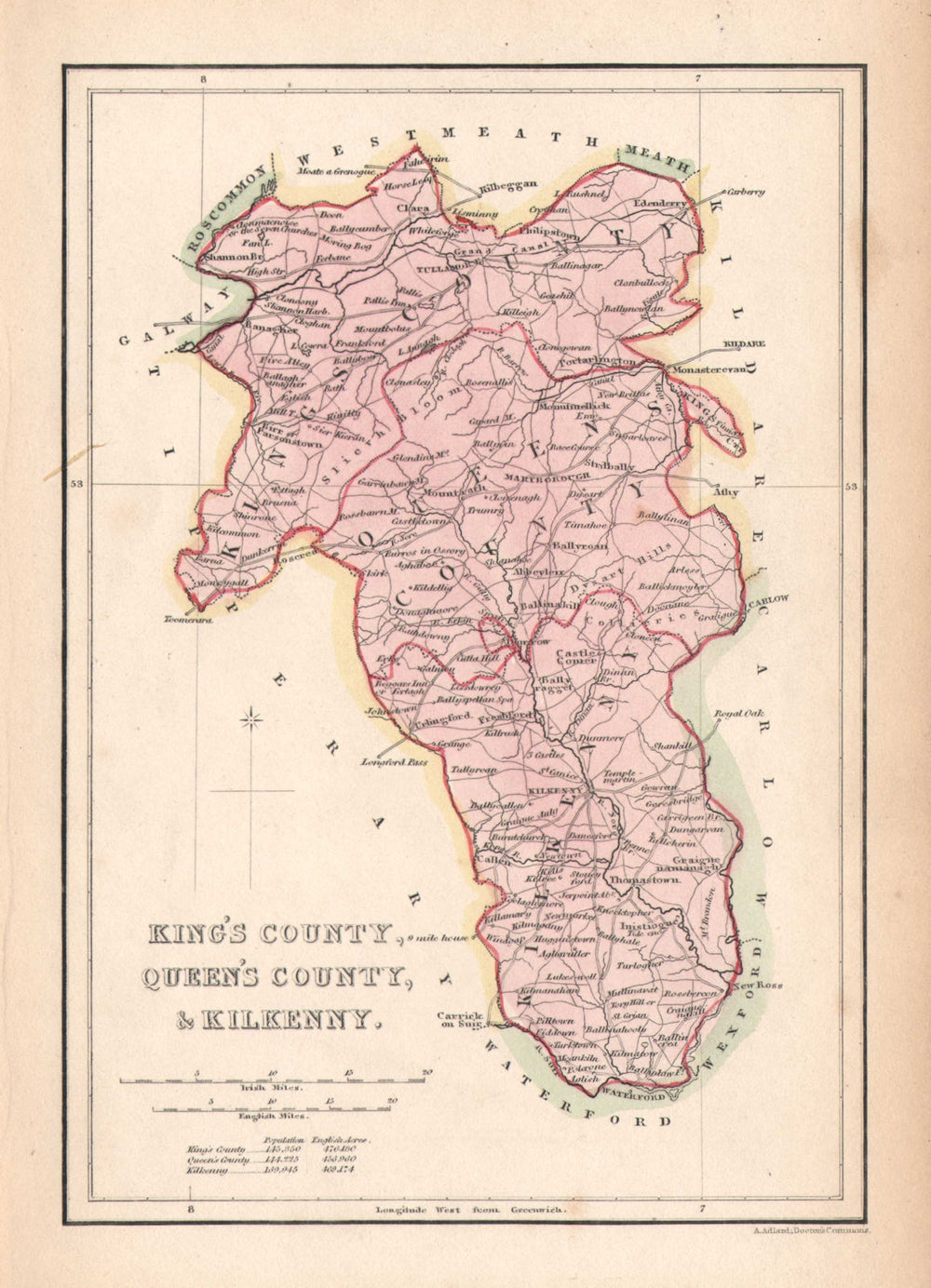 Antique KING'S & QUEEN'S COUNTY & KILKENNY map. ADLARD. Offaly Laois c1841