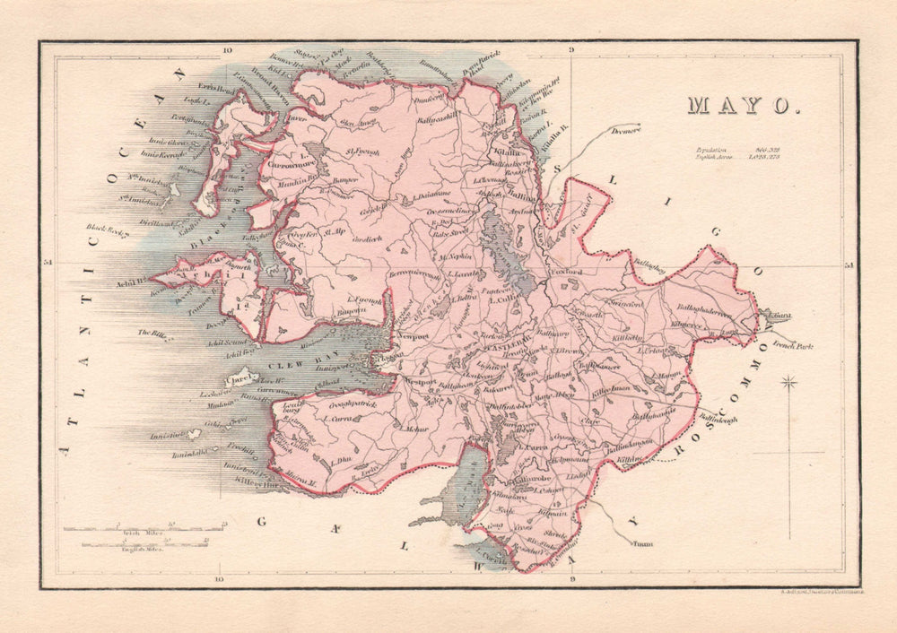Antique MAYO county map by Alfred ADLARD. Ireland c1841 old chart