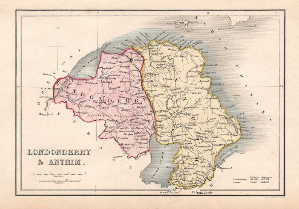 Antique LONDONDERRY & ANTRIM county map. ADLARD. Northern Ireland Ulster c1841