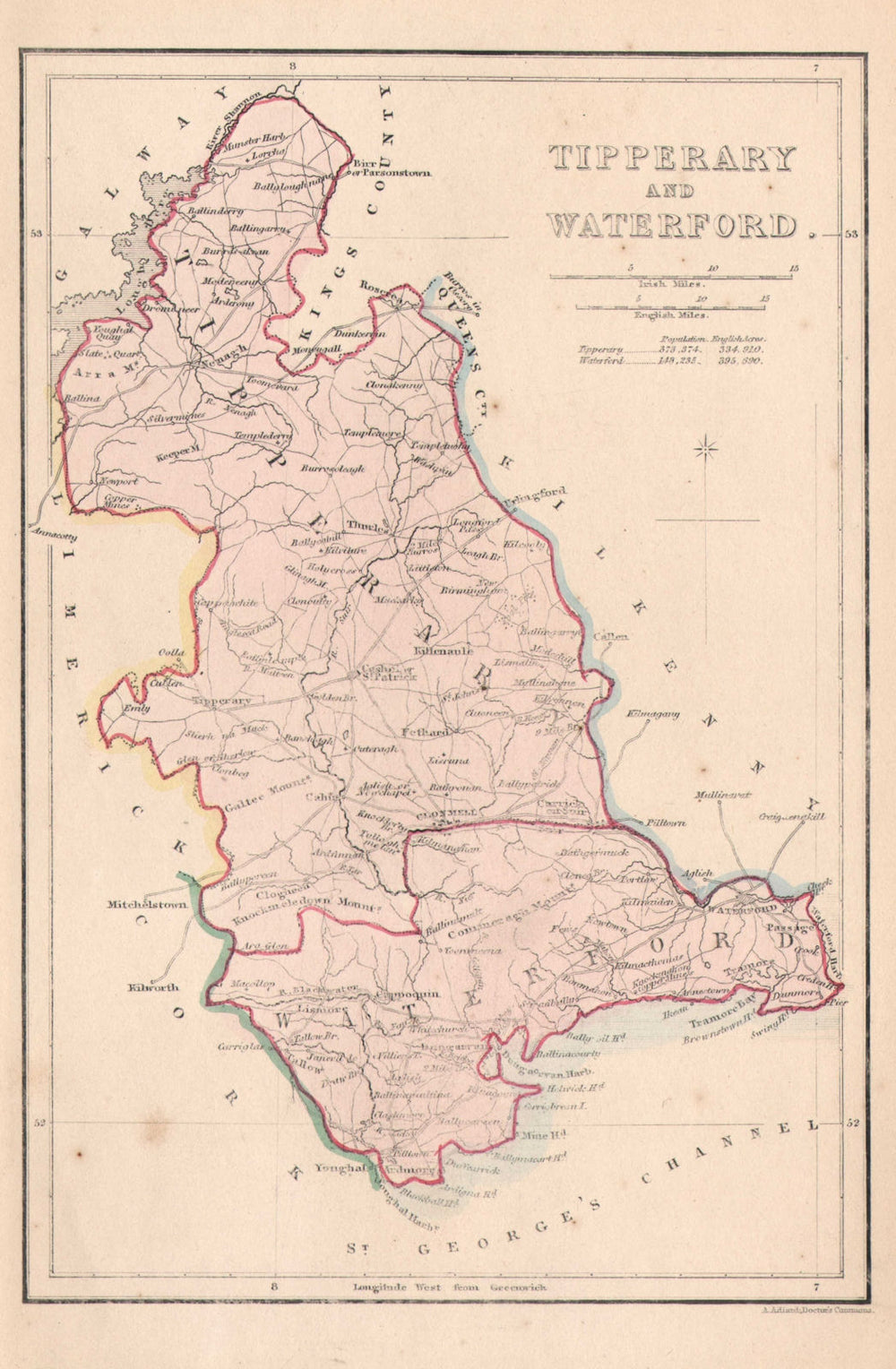 Antique TIPPERARY AND WATERFORD county map by Alfred ADLARD. Ireland c1841