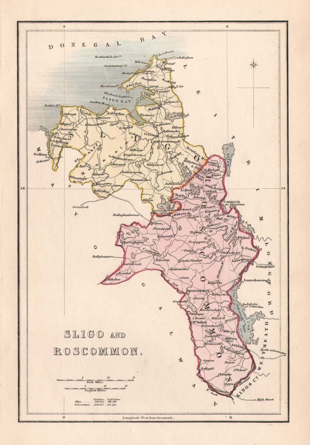 Antique SLIGO AND ROSCOMMON county map by Alfred ADLARD. Ireland c1841 old
