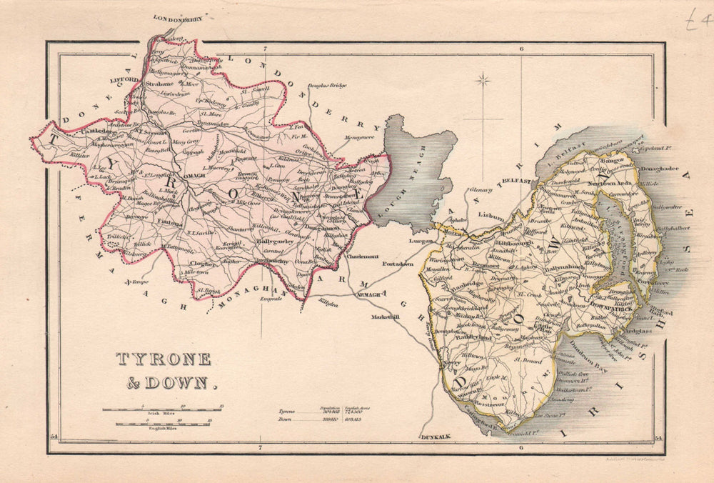 Antique TYRONE & DOWN county map by Alfred ADLARD. Northern Ireland Ulster c1841