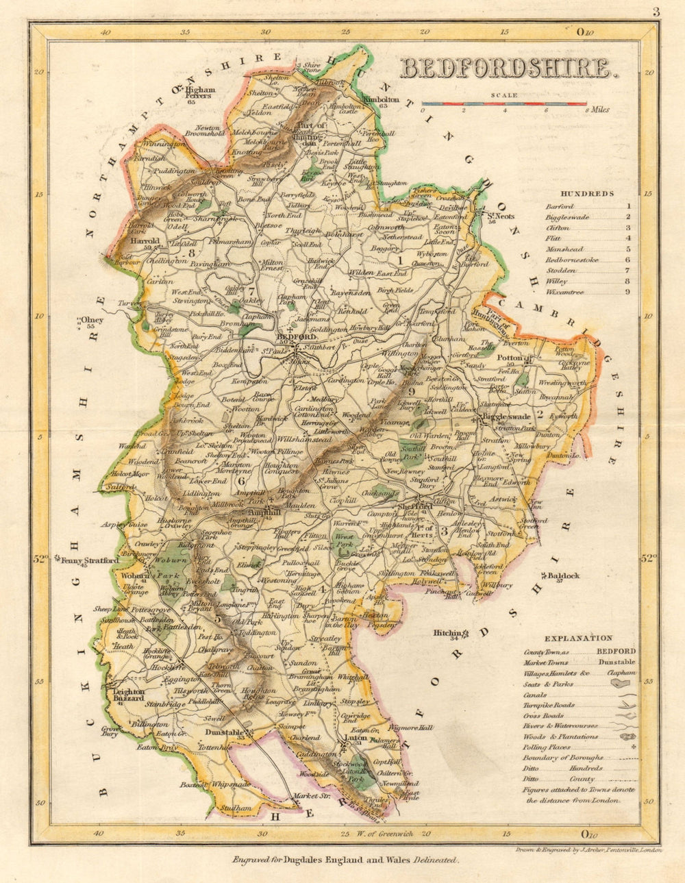 BEDFORDSHIRE county map by ARCHER & DUGDALE. Seats canals polling places 1845