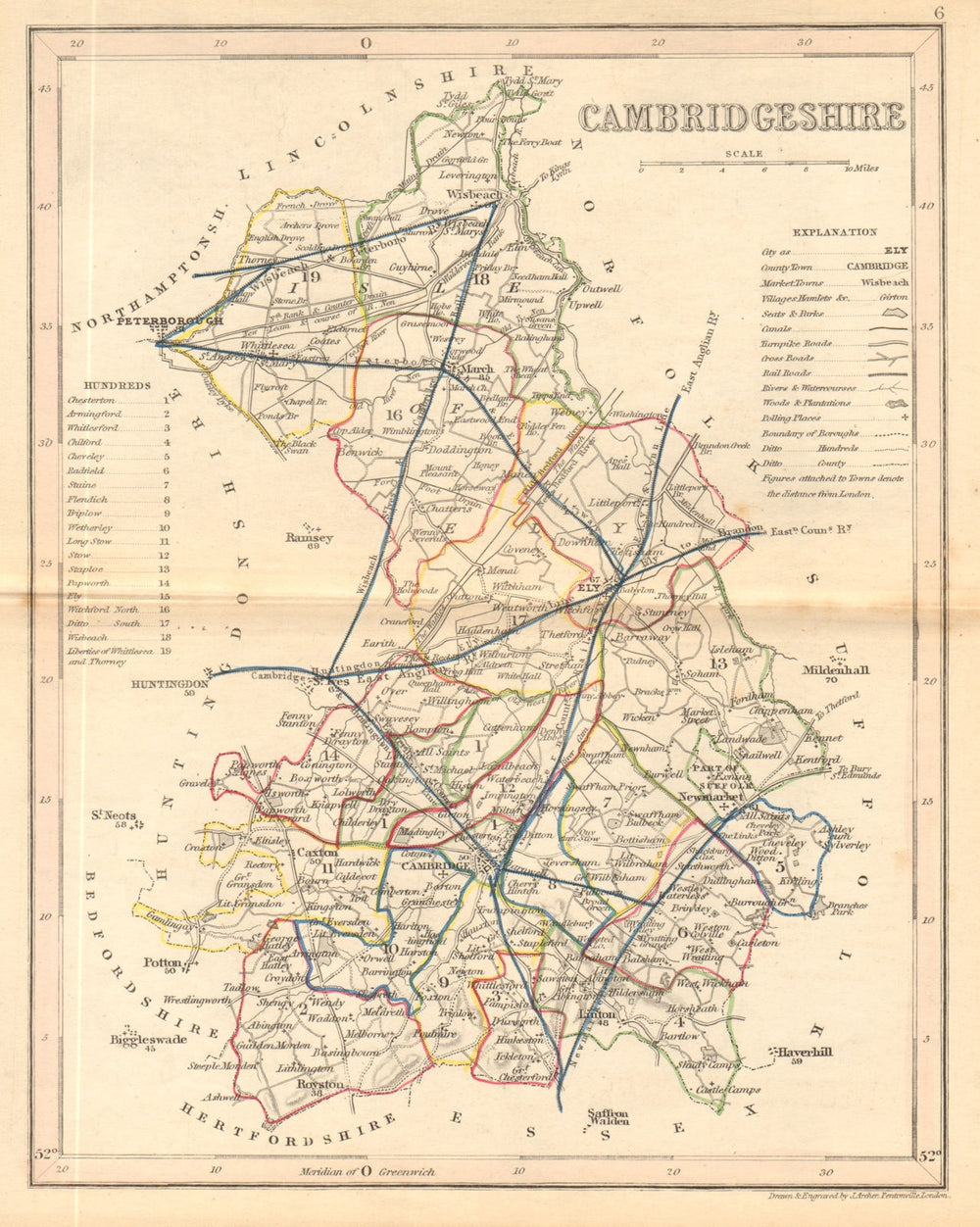 CAMBRIDGESHIRE county map. ARCHER & DUGDALE. Seats canals polling places 1845
