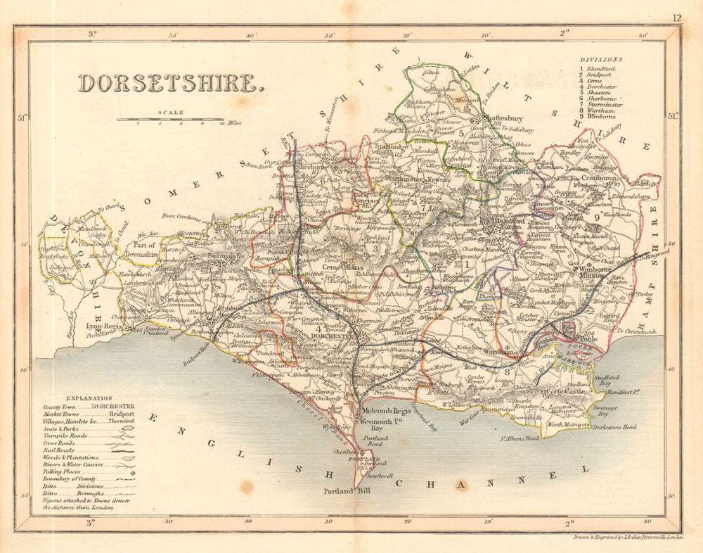 DORSETSHIRE county map by ARCHER & DUGDALE. Seats polling places 1845 old