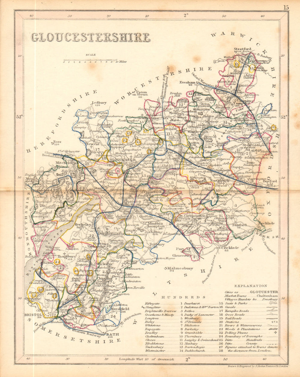 GLOUCESTERSHIRE county map. ARCHER & DUGDALE. Seats canals polling places 1845