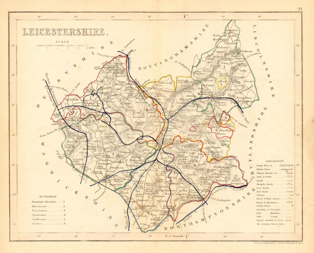 LEICESTERSHIRE map by ARCHER & DUGDALE. Seats canals polling places 1845