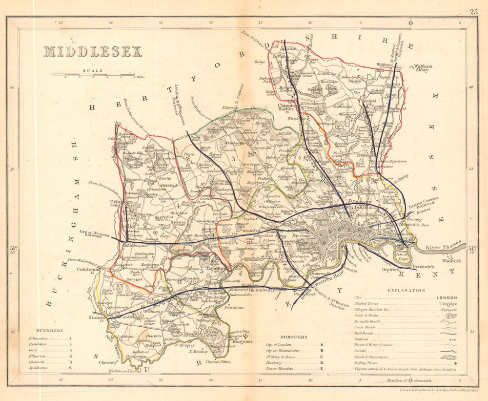 MIDDLESEX map by ARCHER & DUGDALE. Seats canals polling places 1845 old