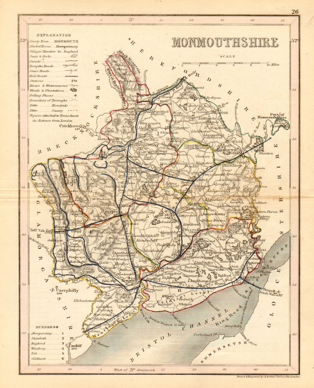 MONMOUTHSHIRE map by ARCHER & DUGDALE. Seats canals polling places 1845