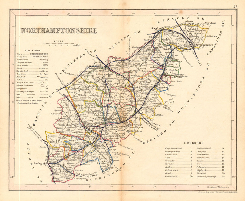 NORTHAMPTONSHIRE map by ARCHER & DUGDALE. Seats canals polling places 1845