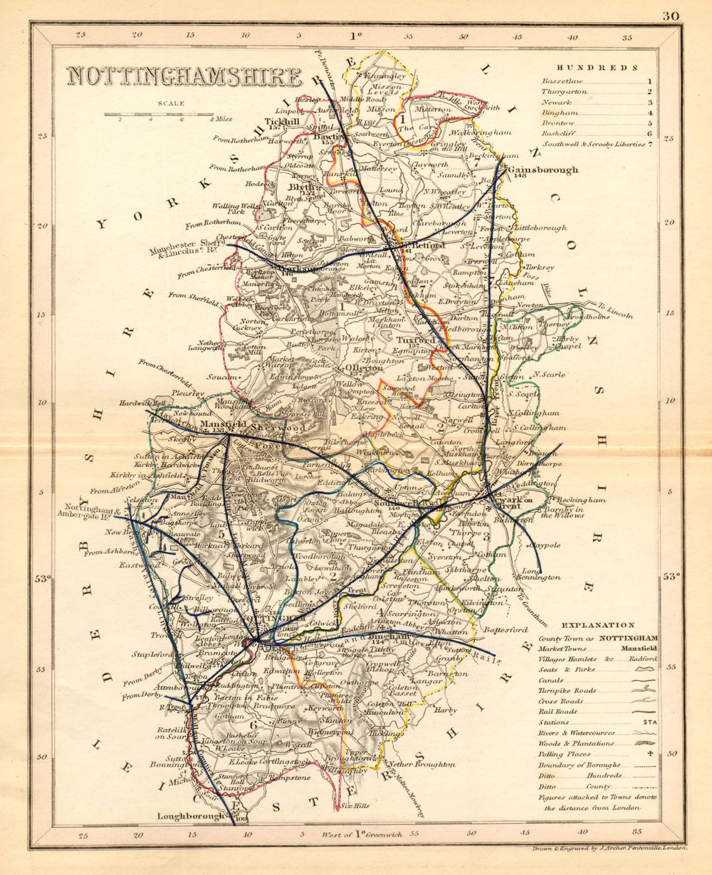 NOTTINGHAMSHIRE map by ARCHER & DUGDALE. Seats canals polling places 1845