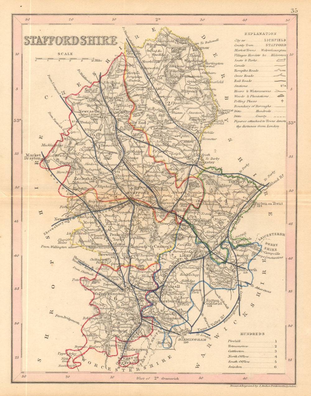 STAFFORDSHIRE county map by ARCHER & DUGDALE. Seats canals polling places 1845
